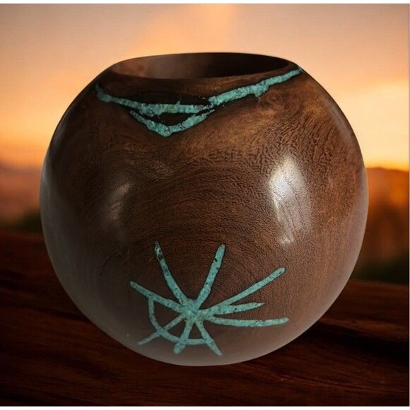 Handcrafted Signed Dark Wood Turquoise Inlay Candle Holder Artisan Southwestern - Picture 3 of 10